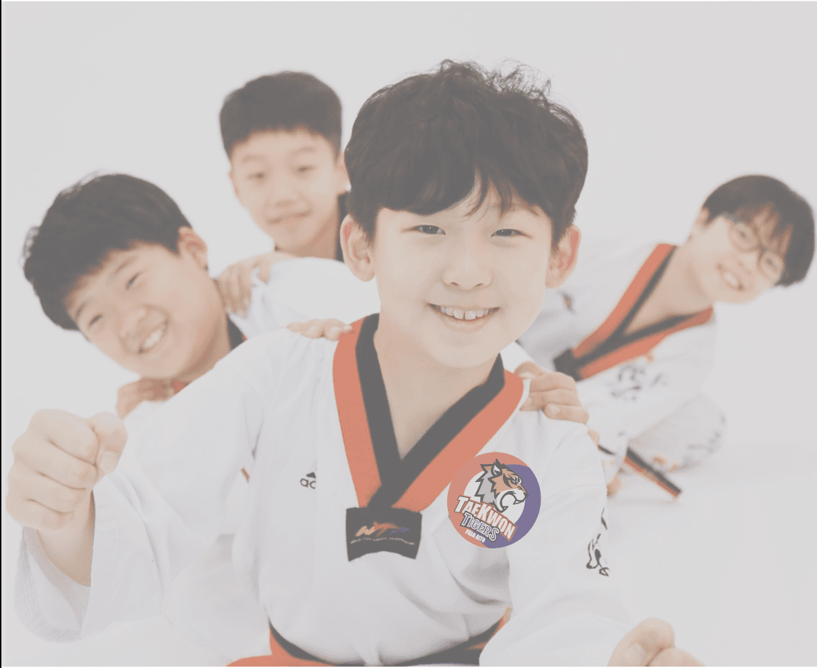 Children practicing Taekwondo forms in class